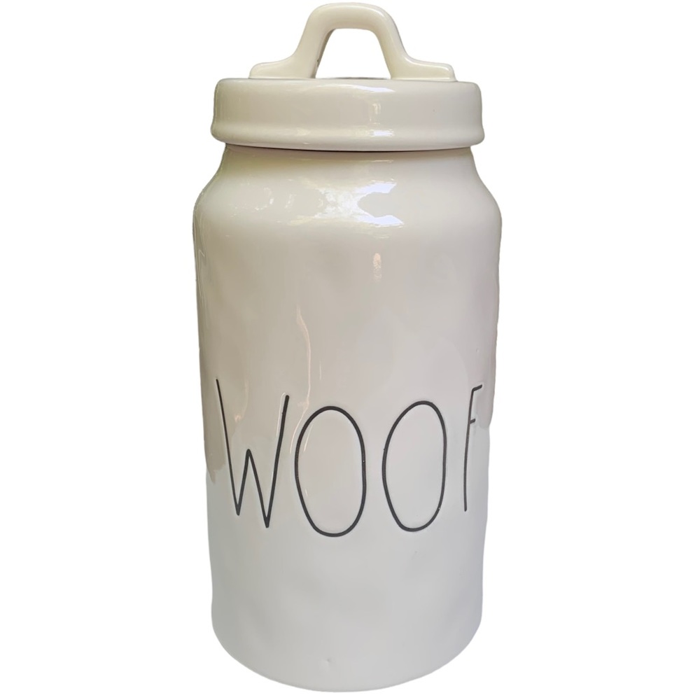 Rae Dunn WOOF Canister Dog Treat Jar White Black Letters Dimples NWT 2017 OG - Picture 1 of 14